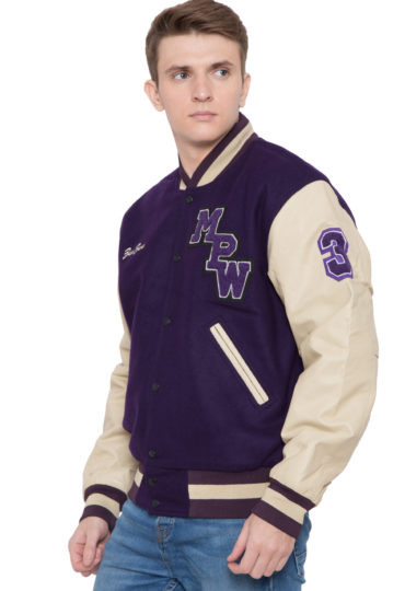 PARCHMENT LEATHER SLEEVES & PURPLE WOOL BODY VARSITY JACKET - MEN