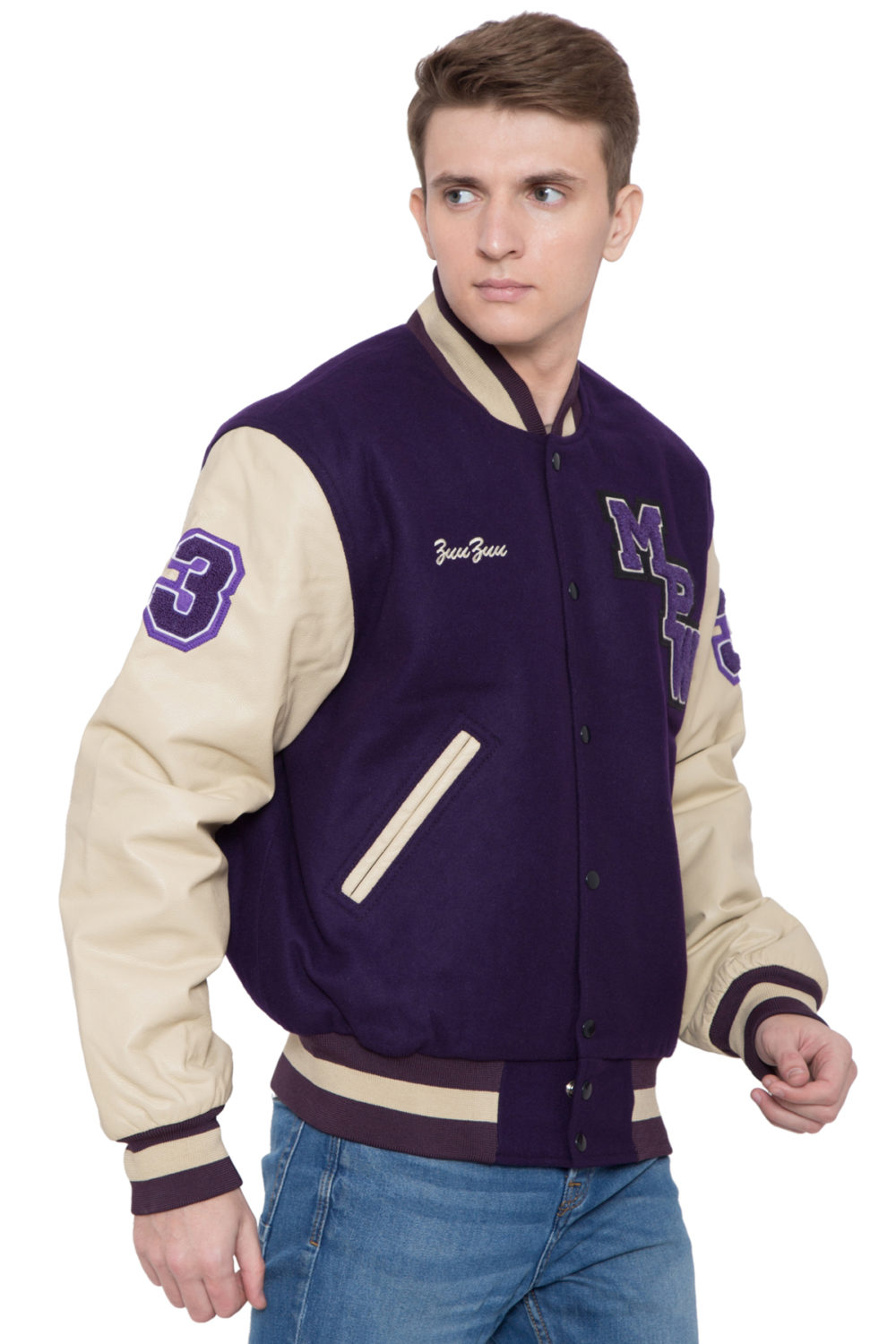 PARCHMENT LEATHER SLEEVES & PURPLE WOOL BODY VARSITY JACKET - MEN