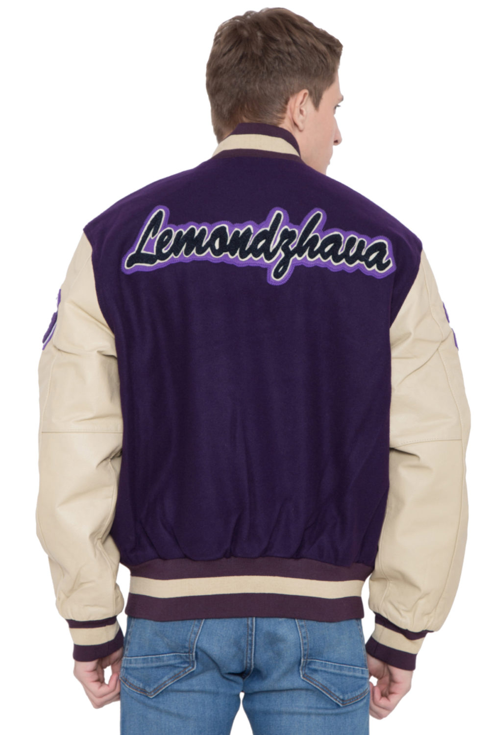 PARCHMENT LEATHER SLEEVES & PURPLE WOOL BODY VARSITY JACKET - MEN