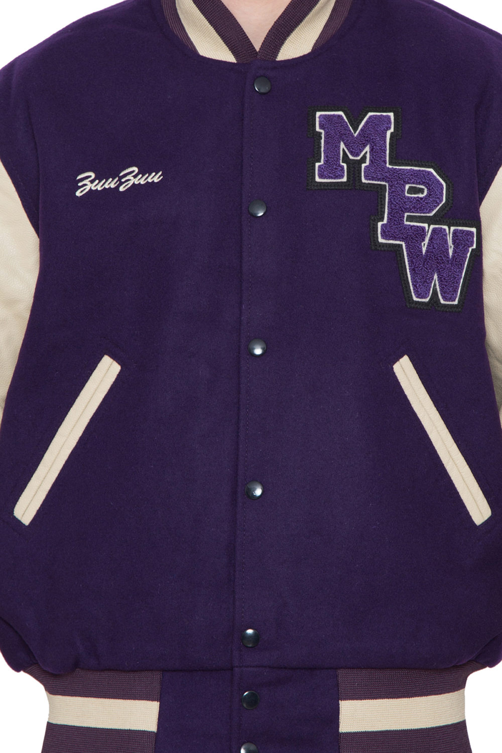 PARCHMENT LEATHER SLEEVES & PURPLE WOOL BODY VARSITY JACKET - MEN