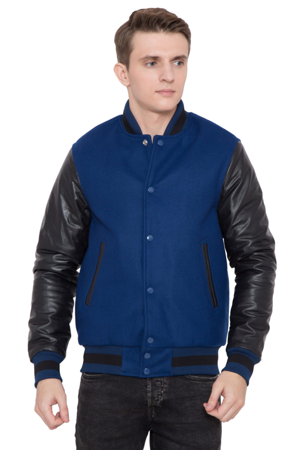 BLACK LEATHER SLEEVES & HIGH ROYAL WOOL BODY VARSITY JACKET - MEN