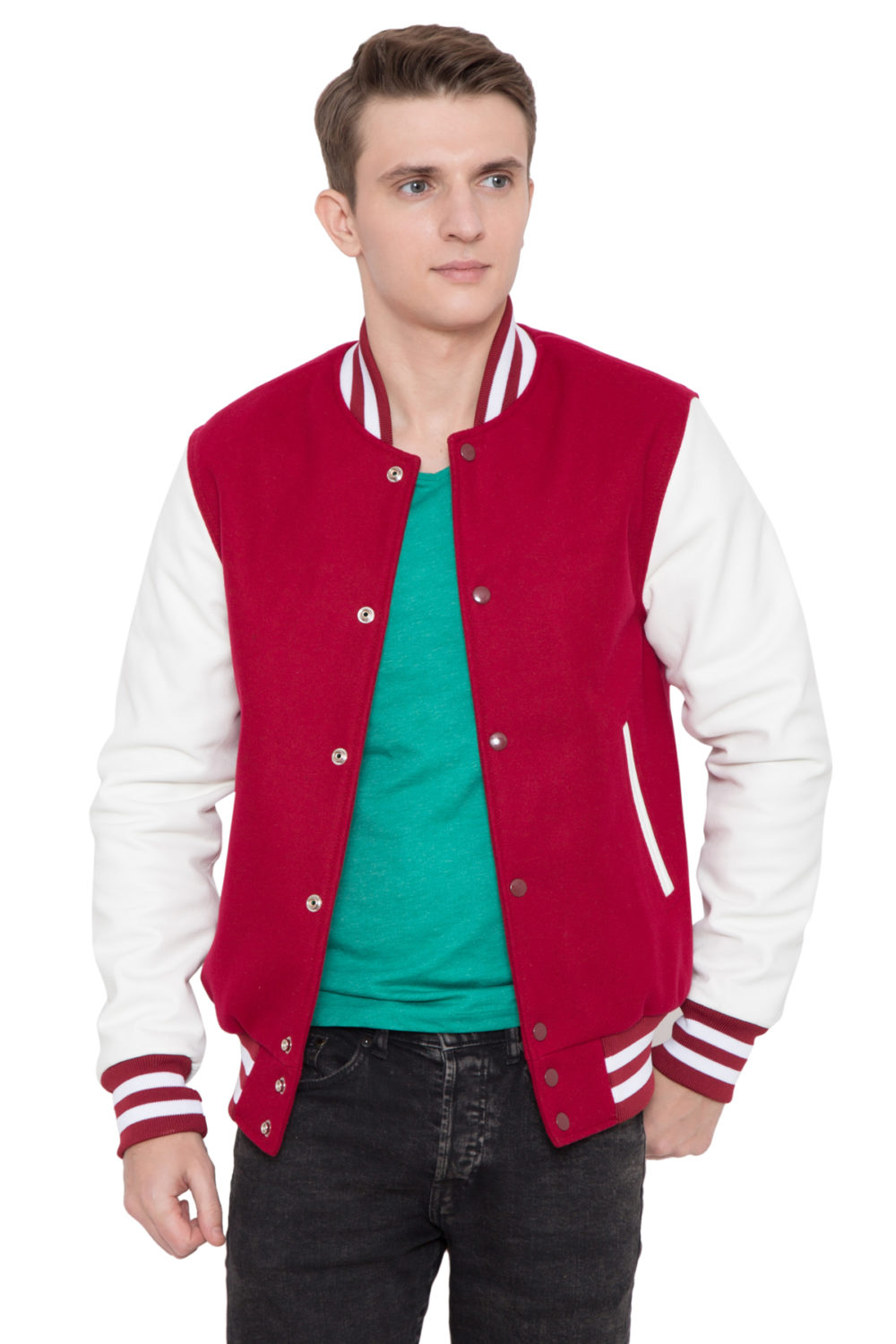 WHITE LEATHER SLEEVES & CARDINAL WOOL BODY VARSITY JACKET -MEN