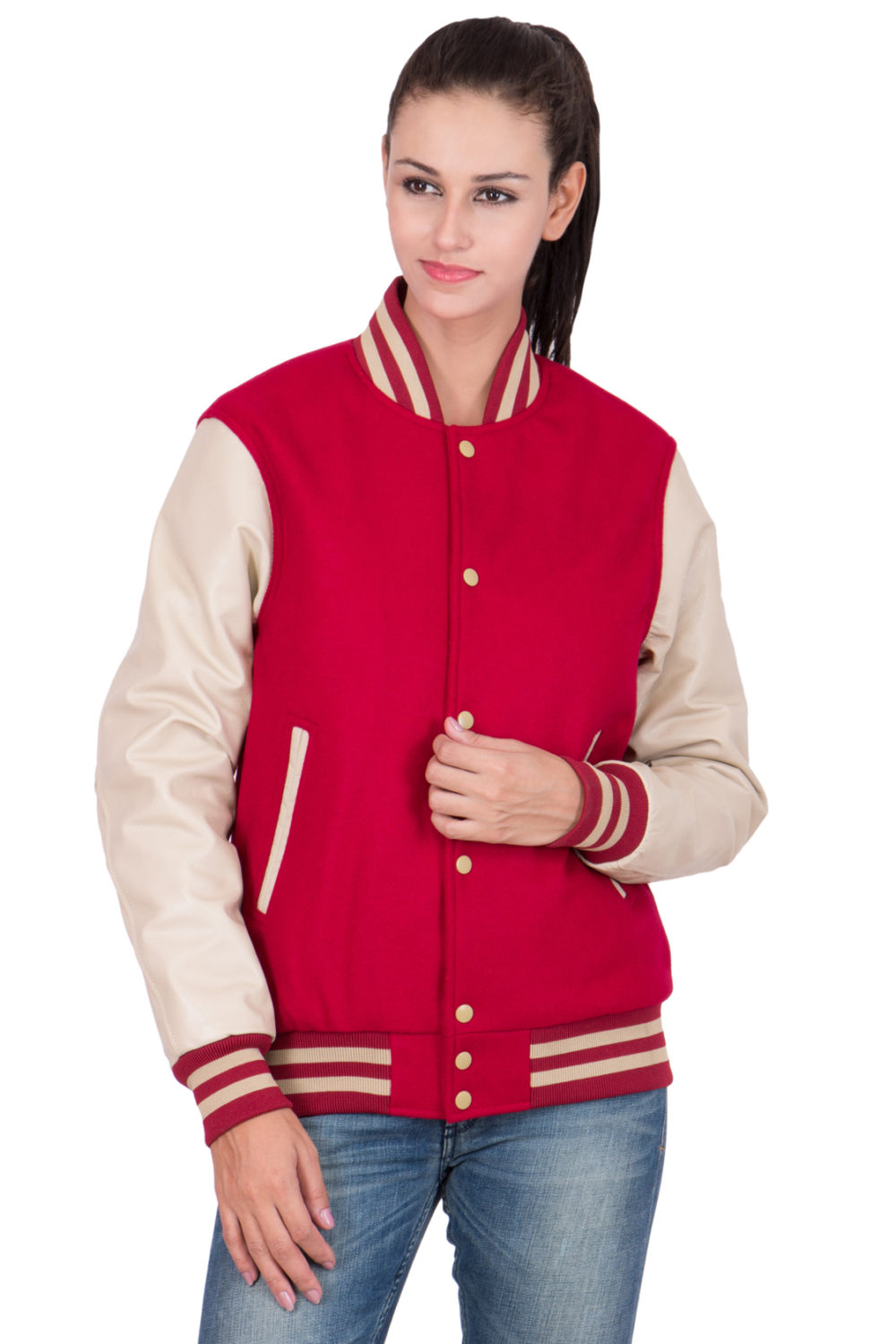 PARCHMENT LEATHER SLEEVES & SCARLET RED WOOL BODY VARSITY JACKET-WOMEN
