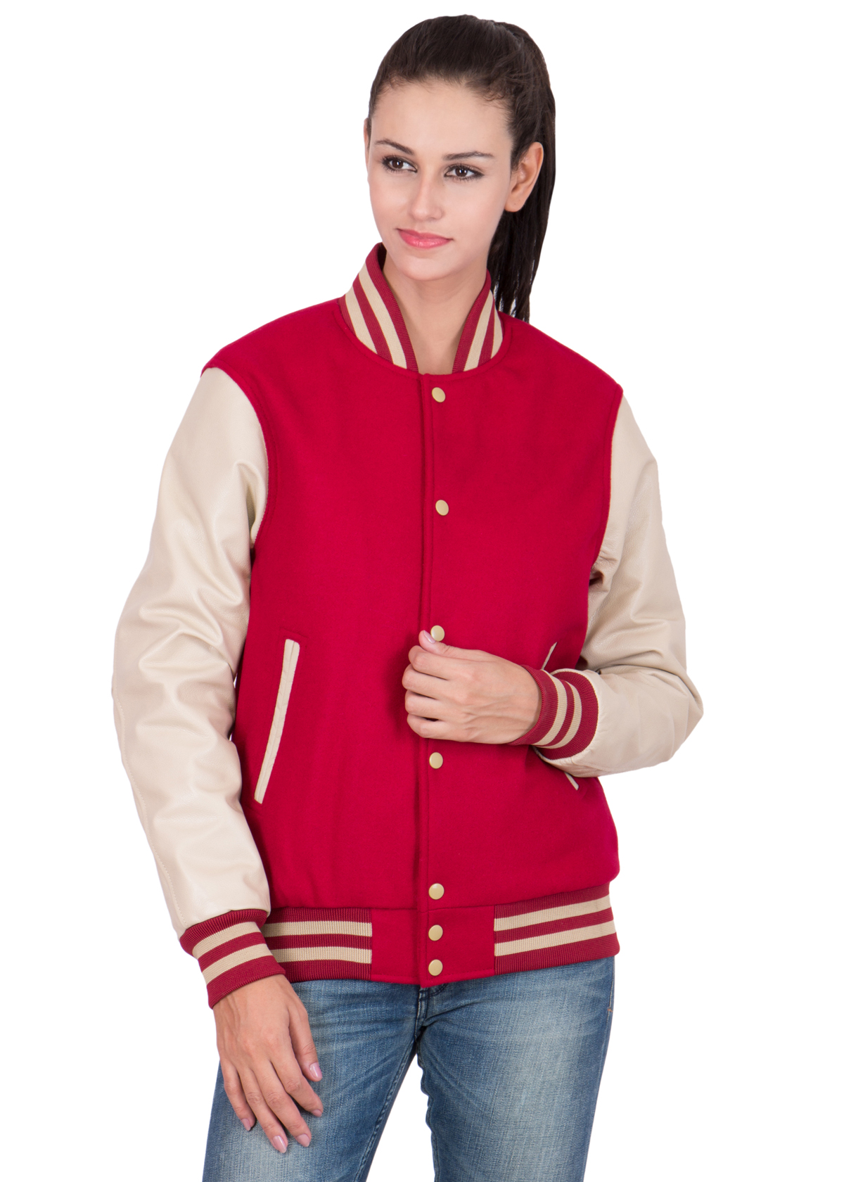 PARCHMENT LEATHER SLEEVES & SCARLET RED WOOL BODY VARSITY JACKET-WOMEN