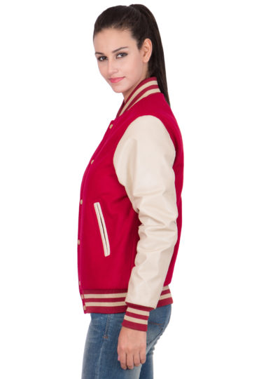 PARCHMENT LEATHER SLEEVES & SCARLET RED WOOL BODY VARSITY JACKET-WOMEN