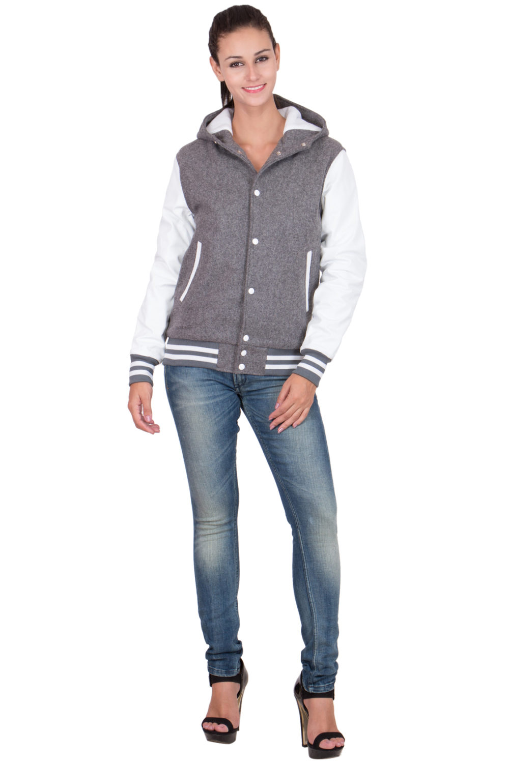 WHITE LEATHER SLEEVES & GREY WOOL BODY HOOD VARSITY JACKET-WOMEN
