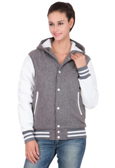 WHITE LEATHER SLEEVES & GREY WOOL BODY HOOD VARSITY JACKET-WOMEN