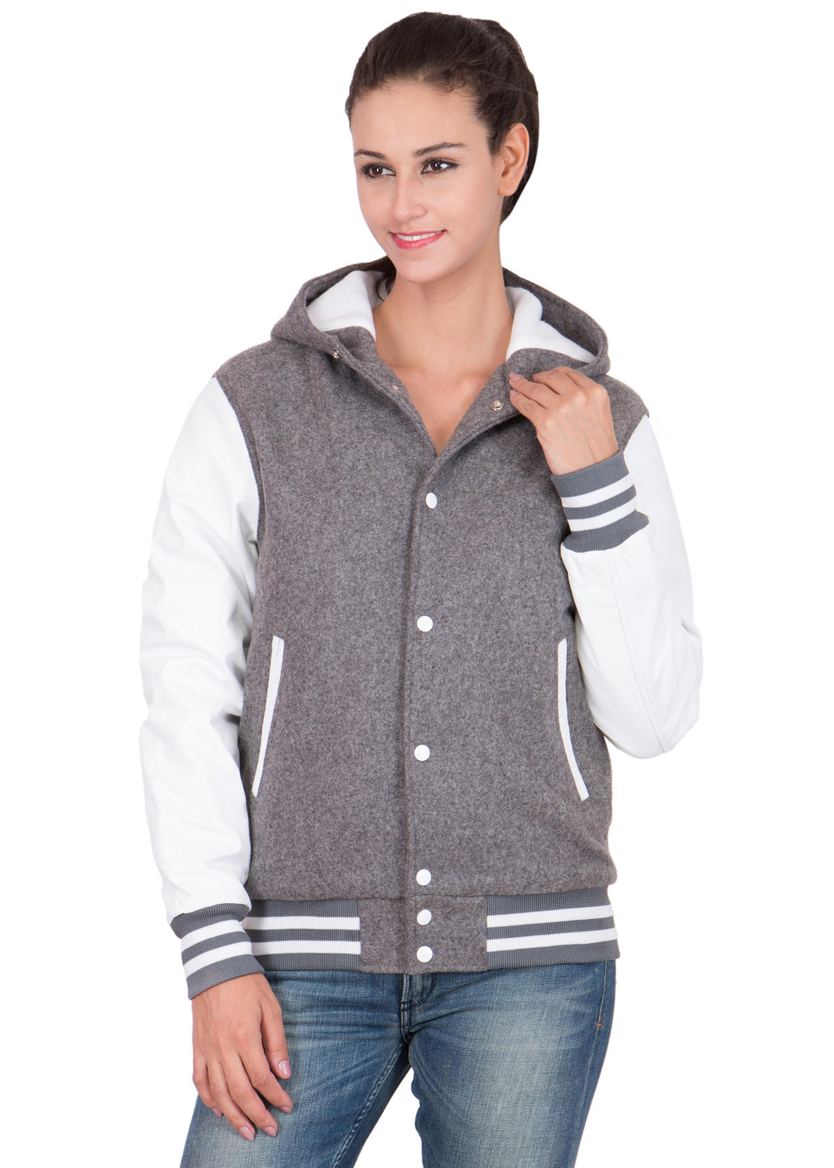 WHITE LEATHER SLEEVES & GREY WOOL BODY HOOD VARSITY JACKET-WOMEN