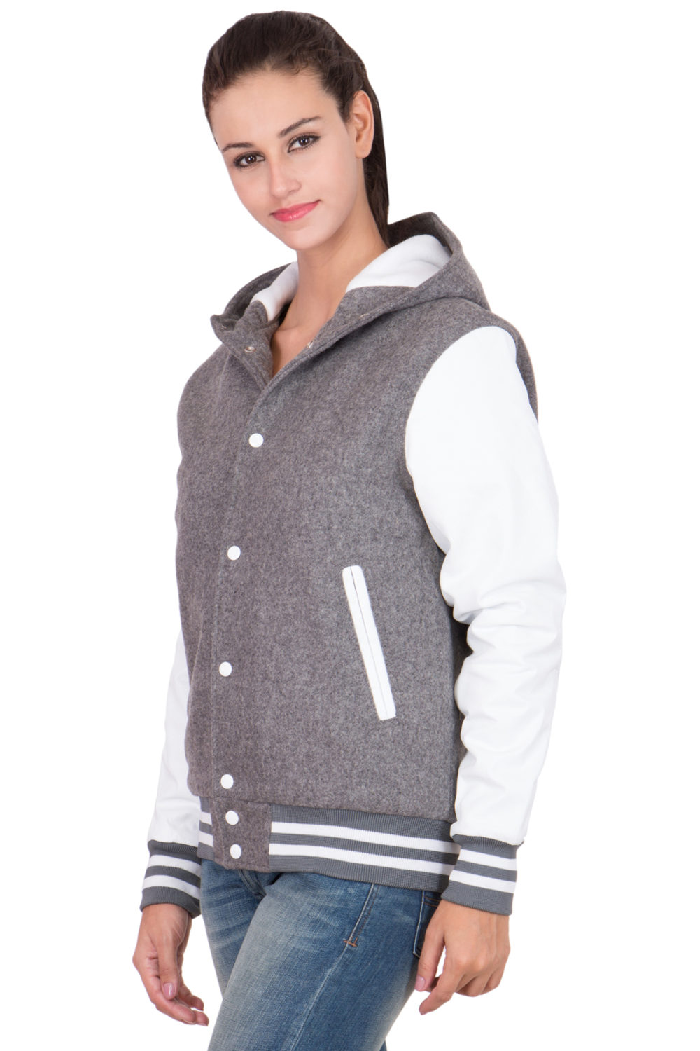 WHITE LEATHER SLEEVES & GREY WOOL BODY HOOD VARSITY JACKET-WOMEN