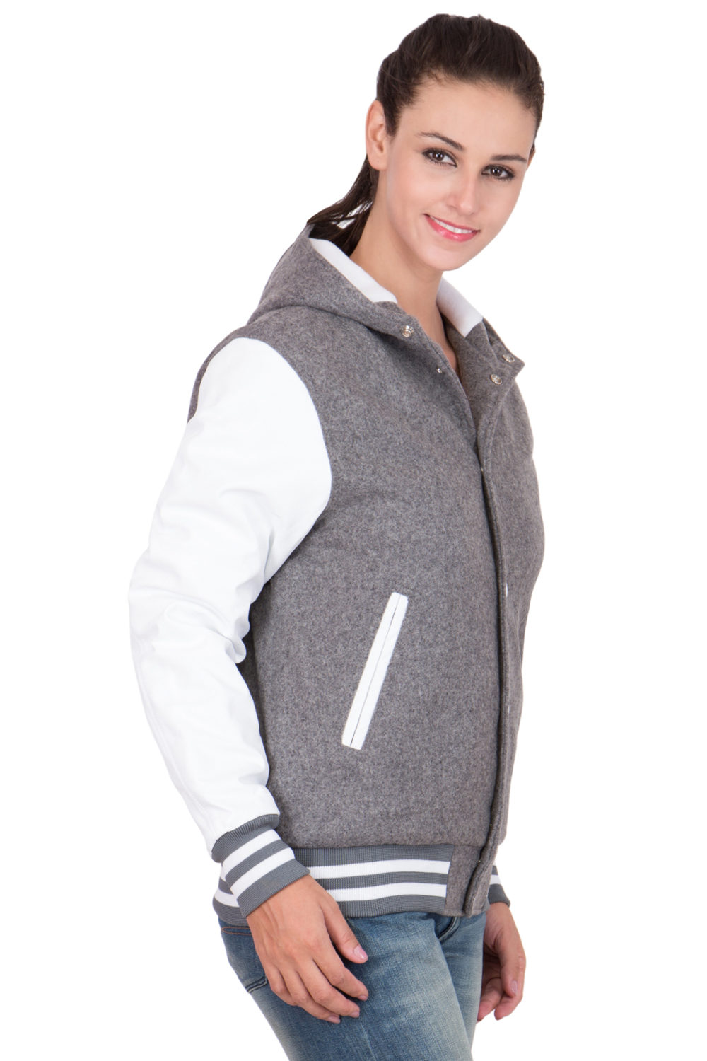 WHITE LEATHER SLEEVES & GREY WOOL BODY HOOD VARSITY JACKET-WOMEN