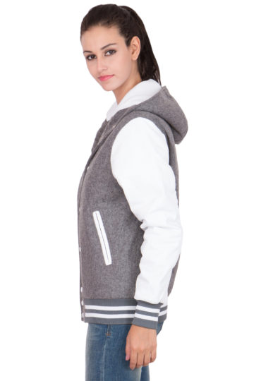 WHITE LEATHER SLEEVES & GREY WOOL BODY HOOD VARSITY JACKET-WOMEN