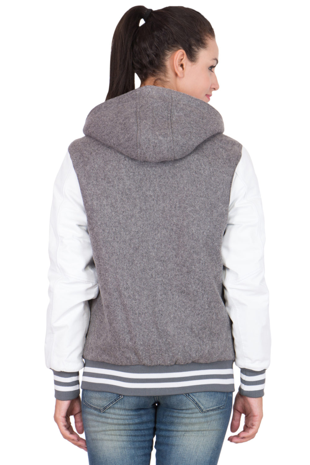WHITE LEATHER SLEEVES & GREY WOOL BODY HOOD VARSITY JACKET-WOMEN