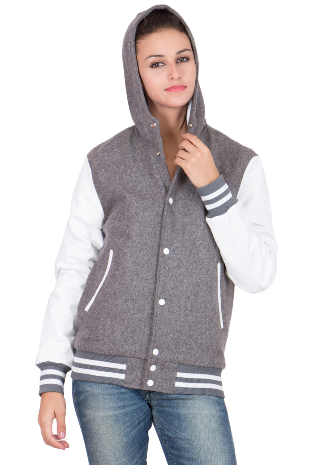 WHITE LEATHER SLEEVES & GREY WOOL BODY HOOD VARSITY JACKET-WOMEN