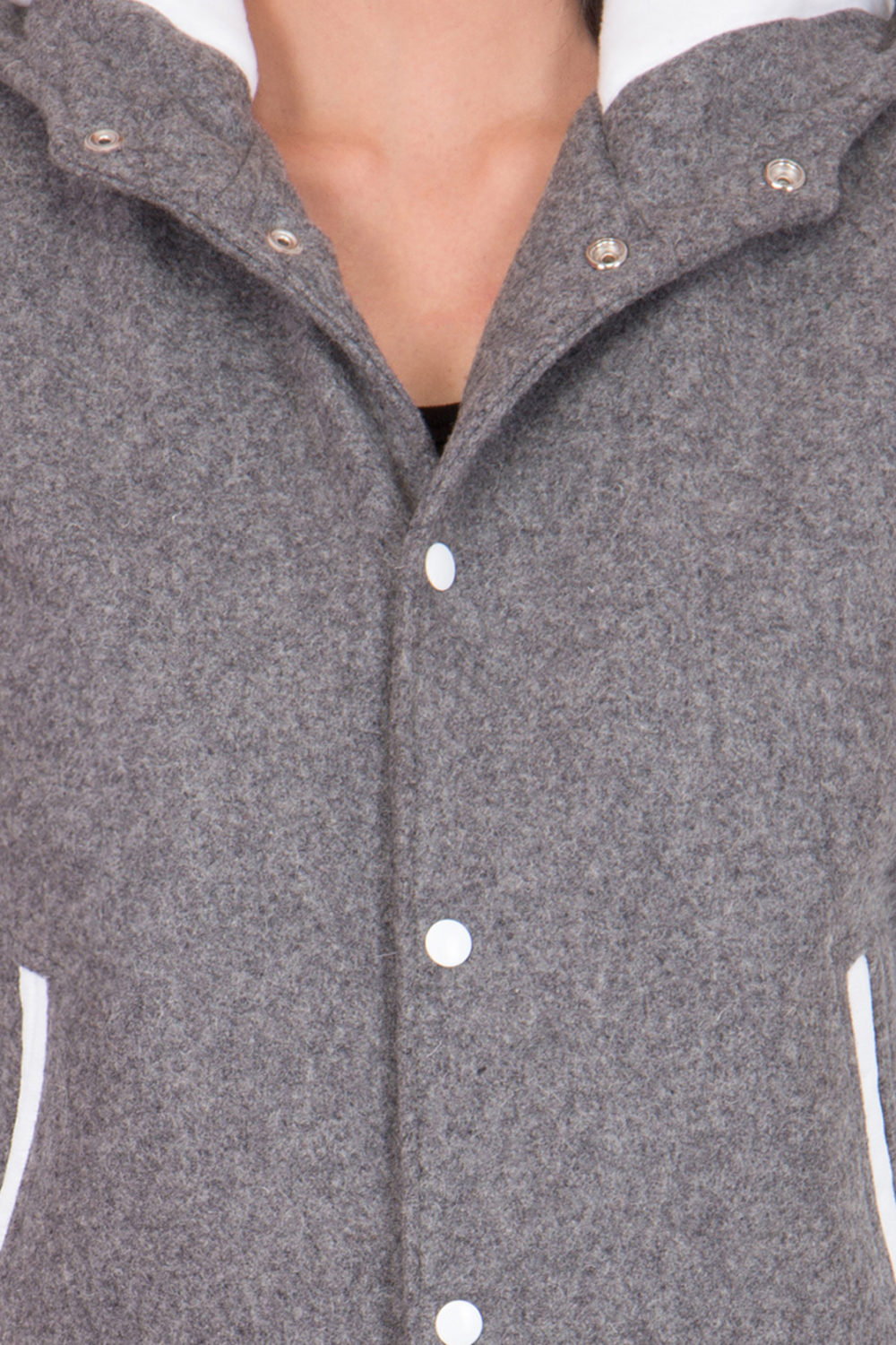 WHITE LEATHER SLEEVES & GREY WOOL BODY HOOD VARSITY JACKET-WOMEN