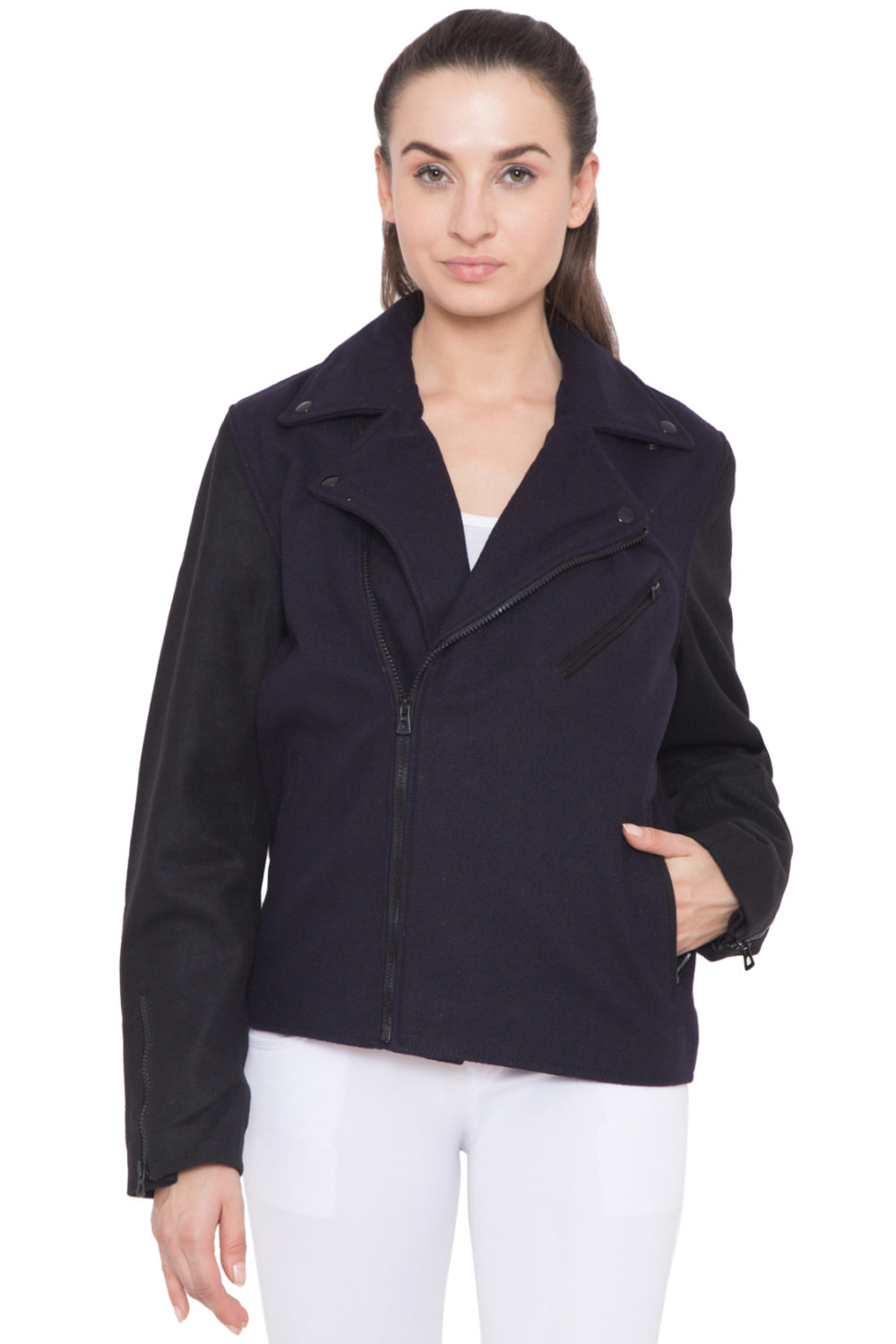 NAVY BLUE FULL WOOL BIKER JACKET - WOMEN