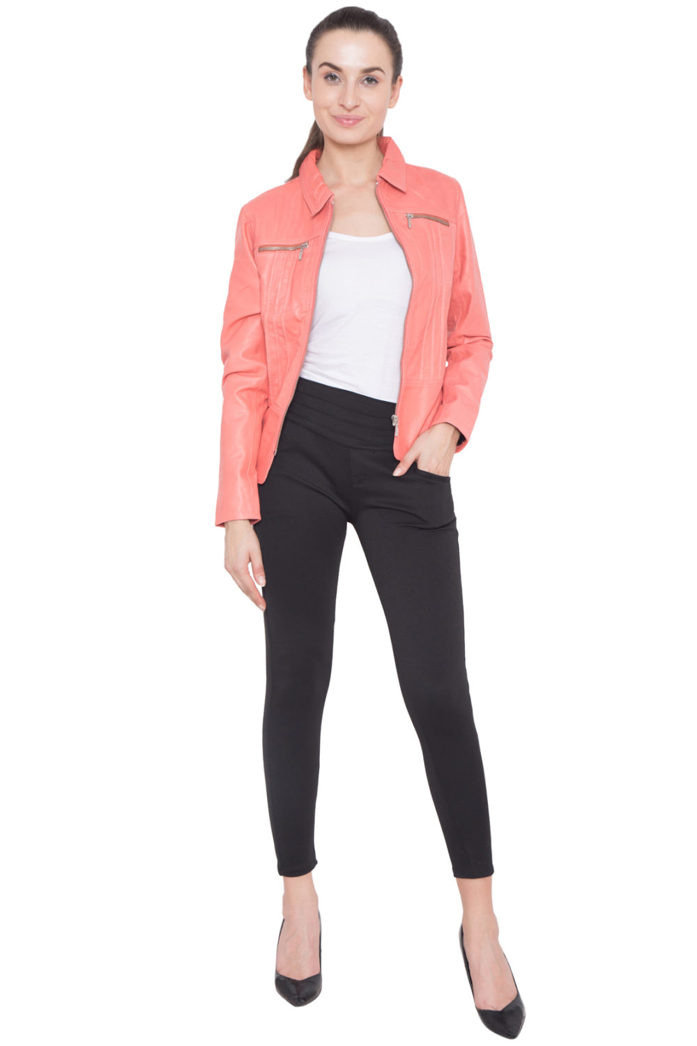 PINK CORAL FULL LEATHER JACKET-WOMEN
