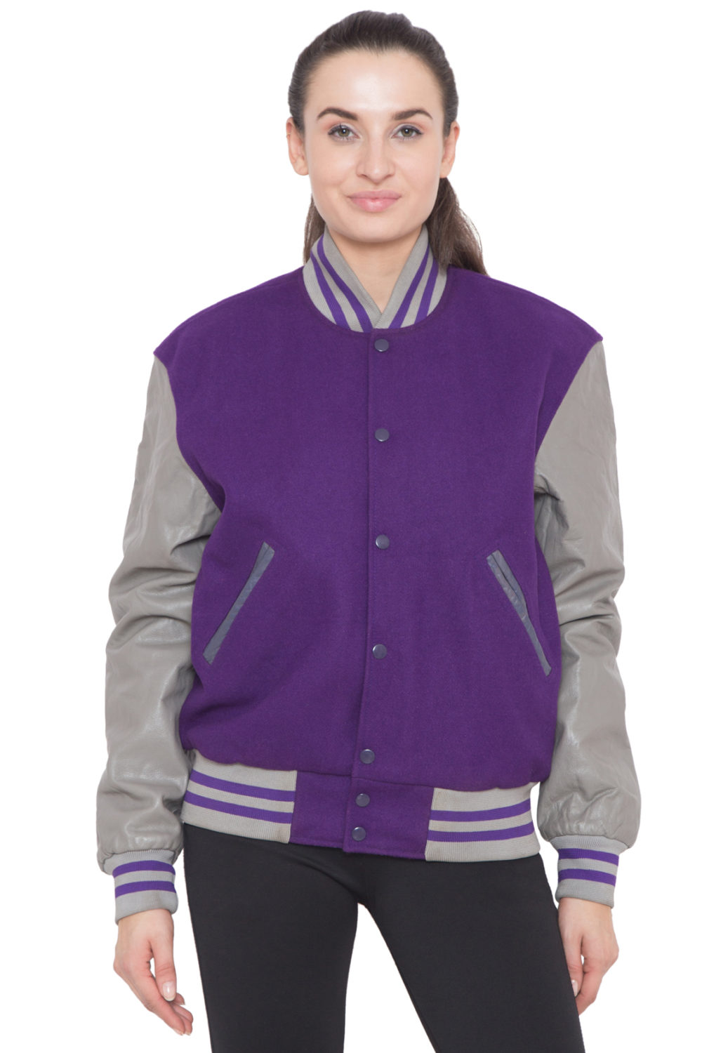 GREY SLEEVES & PURPLE BODY VARSITY JACKET - WOMEN