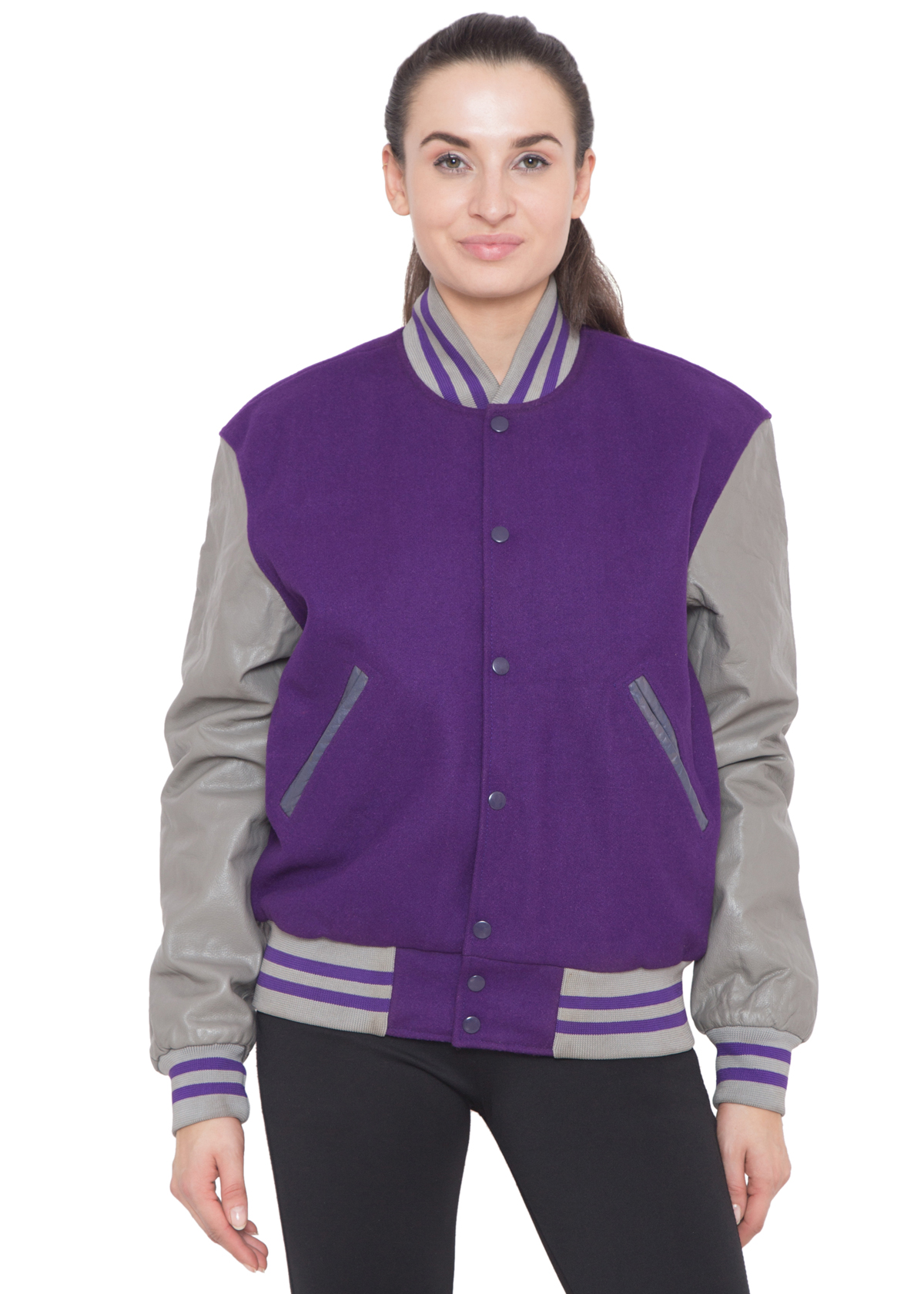GREY SLEEVES & PURPLE BODY VARSITY JACKET - WOMEN