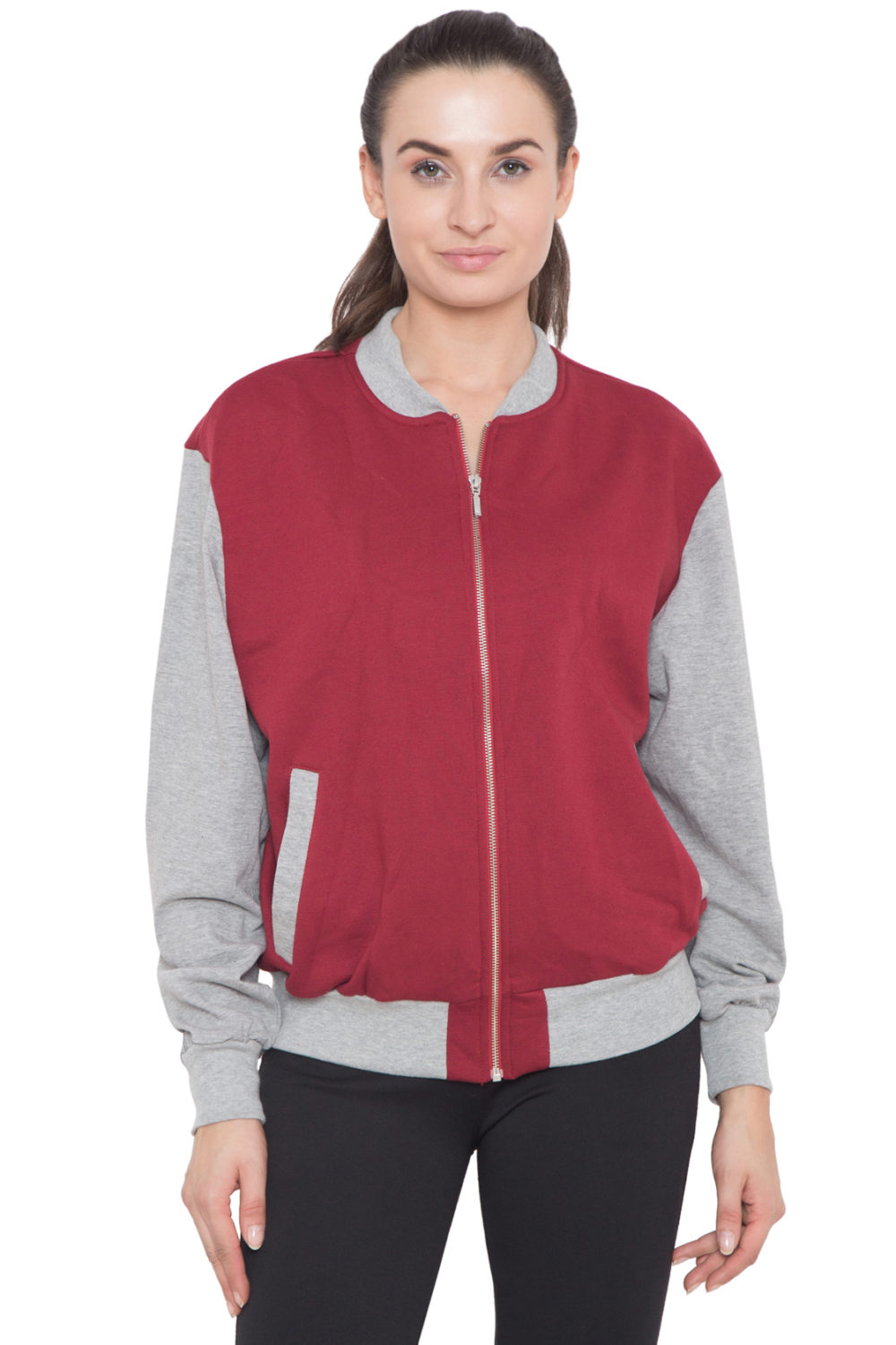GREY SLEEVES & MAROON BODY FLEECE VARSITY JACKET - WOMEN