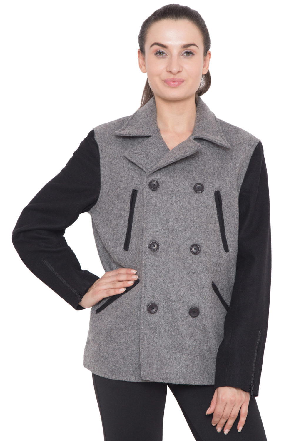 BLACK SLEEVES & GREY WOOL BODY P COAT - WOMEN