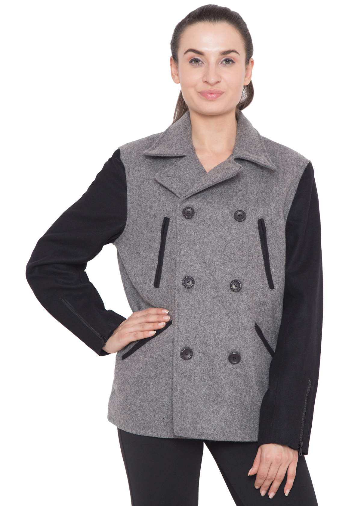 BLACK SLEEVES & GREY WOOL BODY P COAT - WOMEN