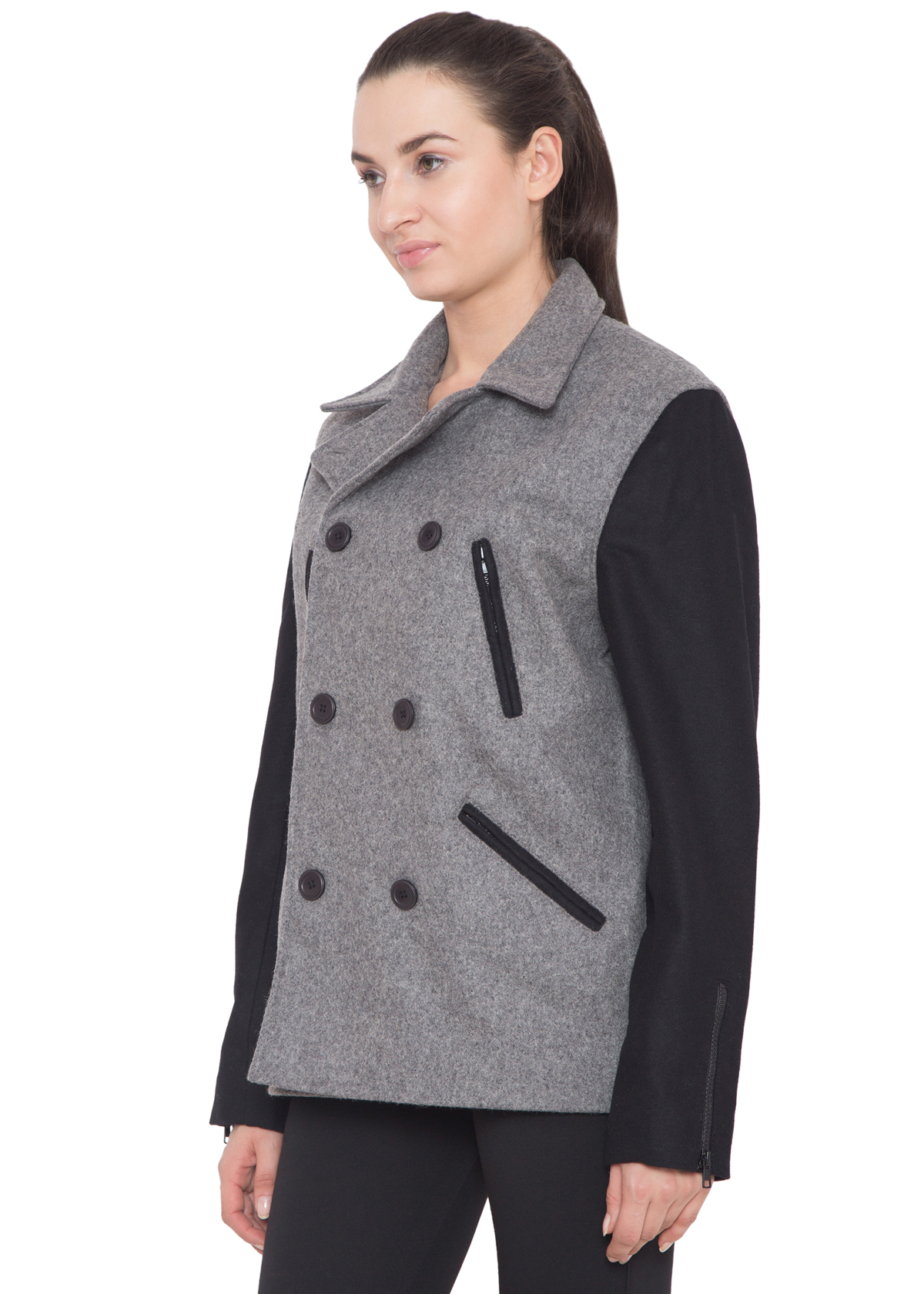 BLACK SLEEVES & GREY WOOL BODY P COAT - WOMEN - Image 4