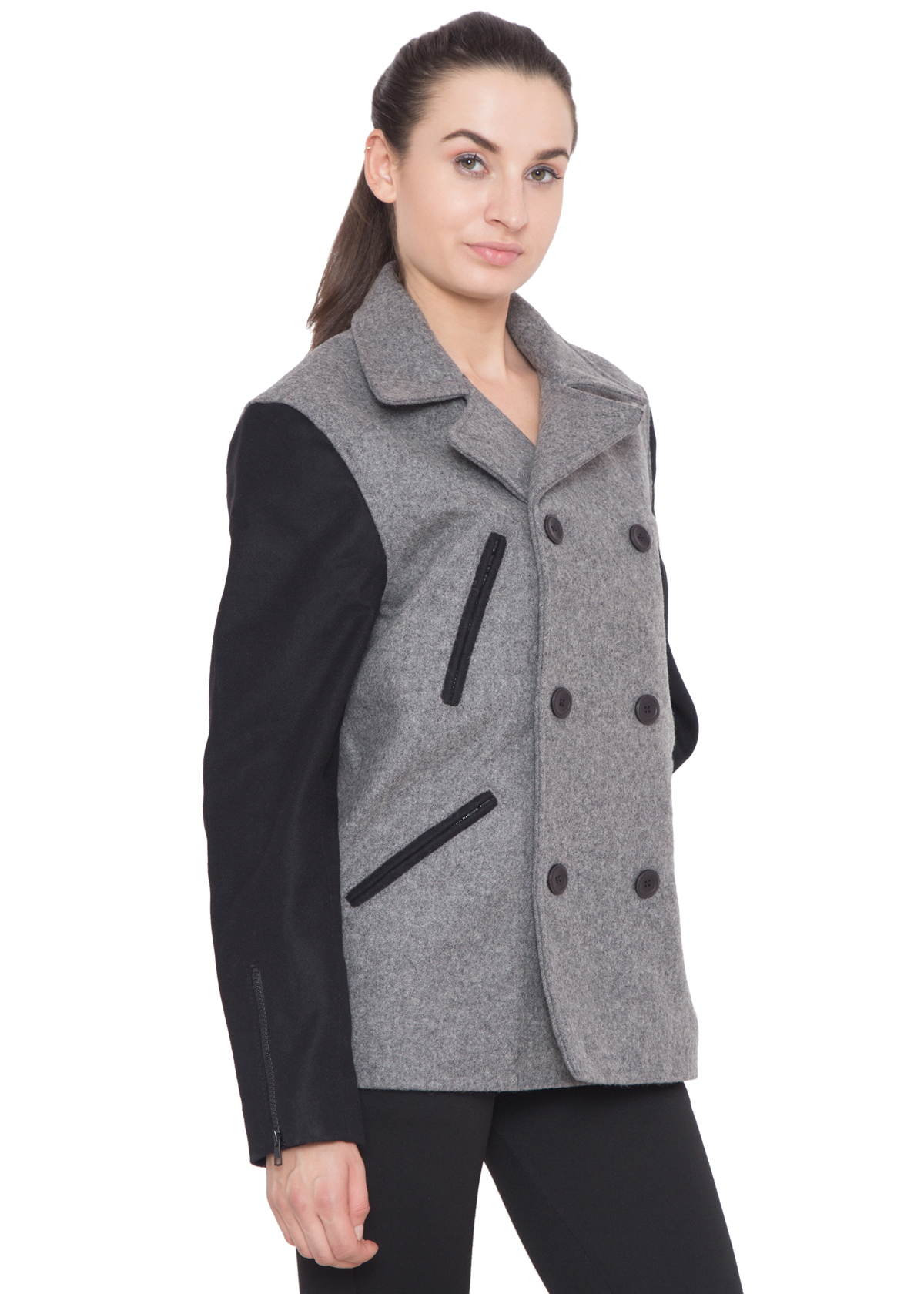 BLACK SLEEVES & GREY WOOL BODY P COAT - WOMEN - Image 2