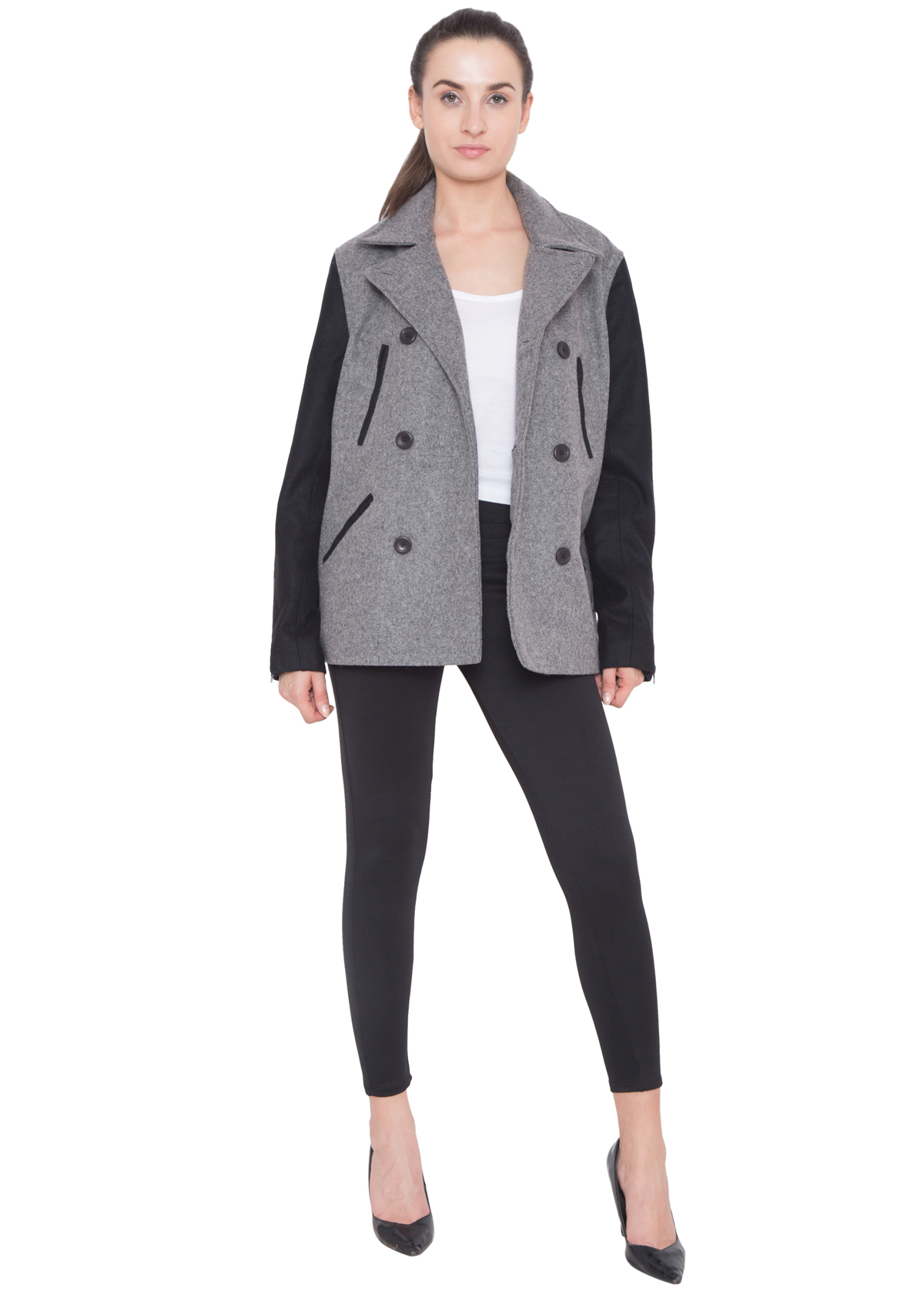 BLACK SLEEVES & GREY WOOL BODY P COAT - WOMEN - Image 3