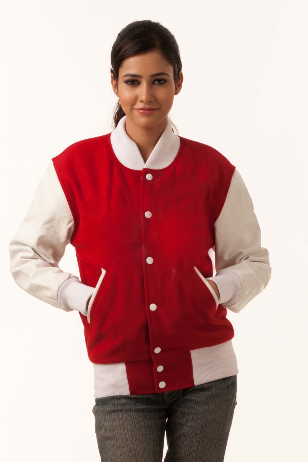 WHITE SLEEVES & RED COTTON VARSITY JACKET-WOMEN