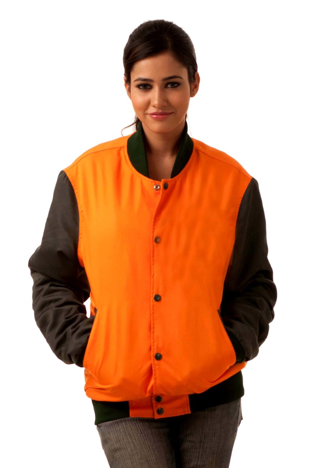 DARTHMOUTH GREEN SLEEVES & ORANGE BODY POLYESTER LIGHTWEIGHT VARSITY JACKET- WOMEN